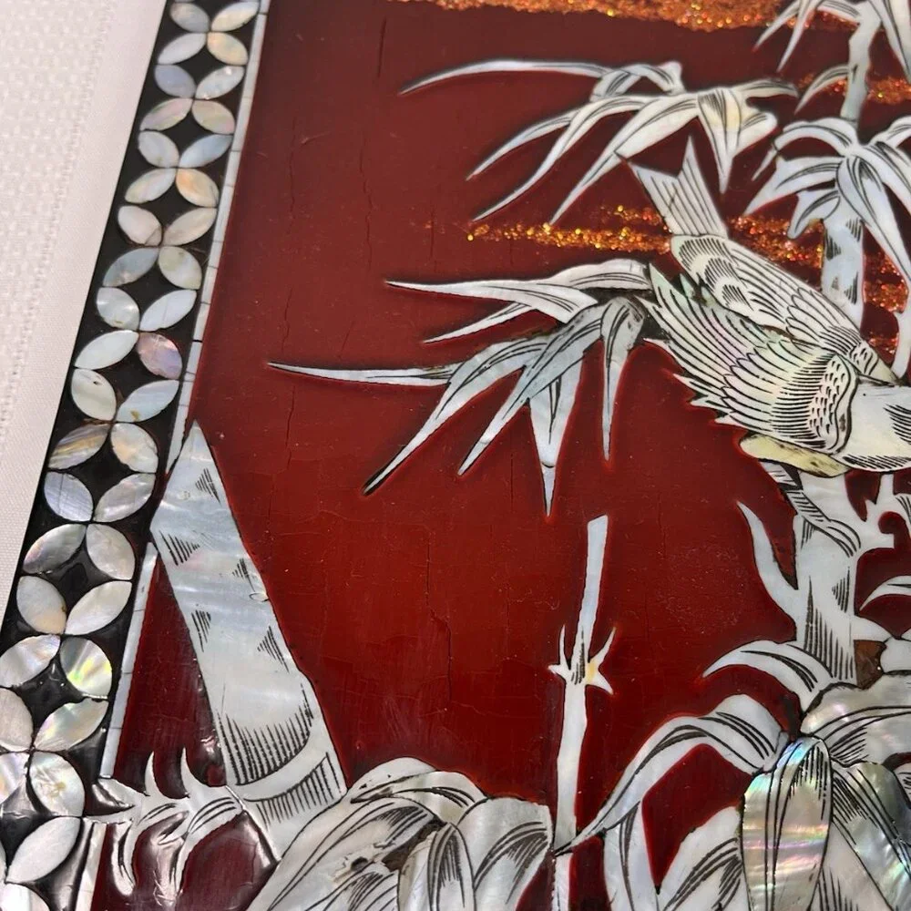 Vintage Mother of Pearl Inlay Lacquer Wall Panel Bamboo Birds Red Sunset Asian